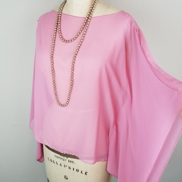 Pretty Rose Pink Sheer Chiffon Batwing Blouse with Open Sleeve Detail * One Size - Picture 6 of 9